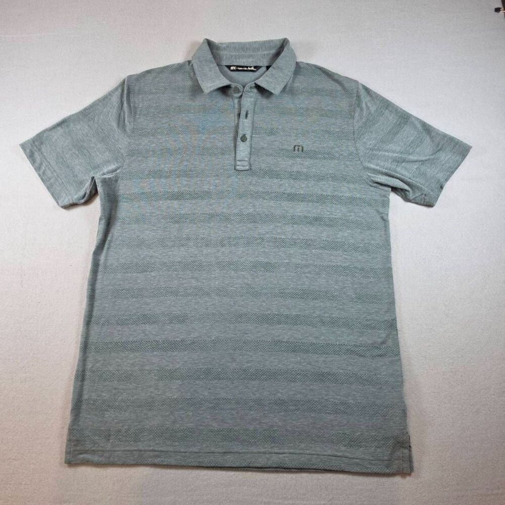 Travis Mathew Men's Polo Shirt Size M Gray Blue Striped - 0084